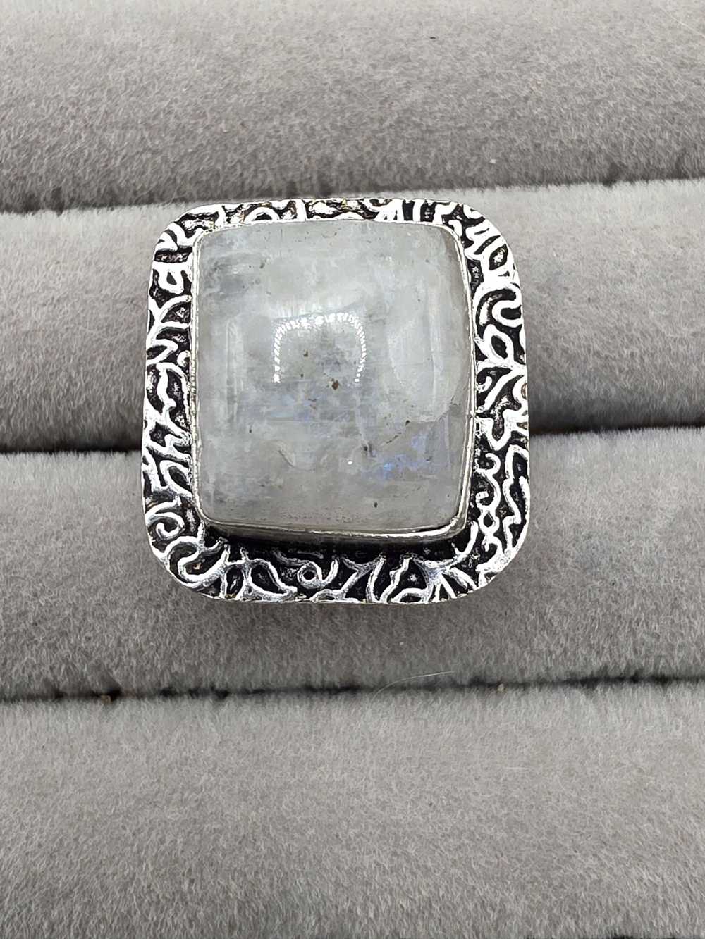 Silver Plated Moonstone Statement Ring Size 8 - White/Gray